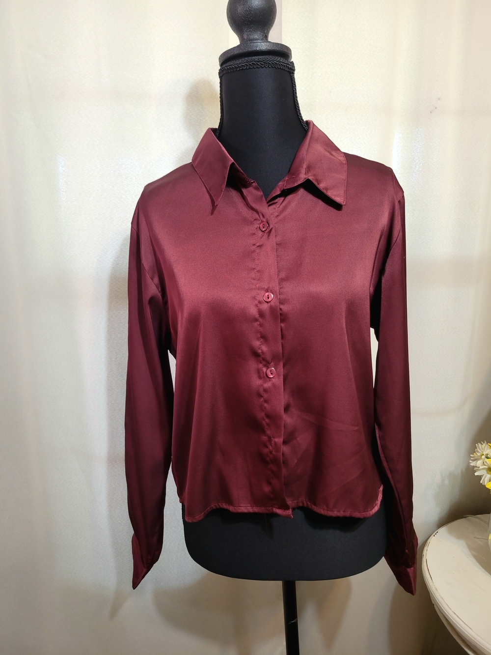 Satin Button-Front Shirt - Deep Wine
